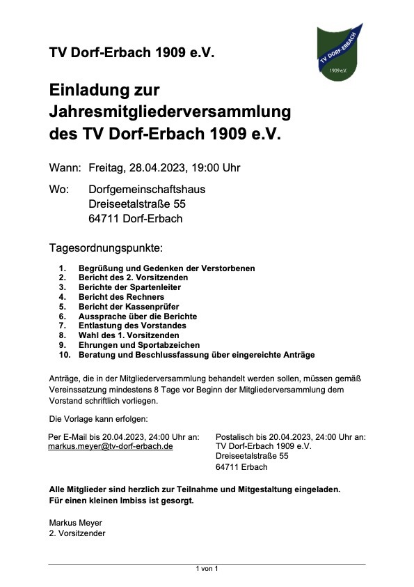 Einladung zur Jahresmitgliederversammlung